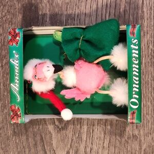 Annalee Pink Flamingo Ornament with Santa Hat and Green Bag